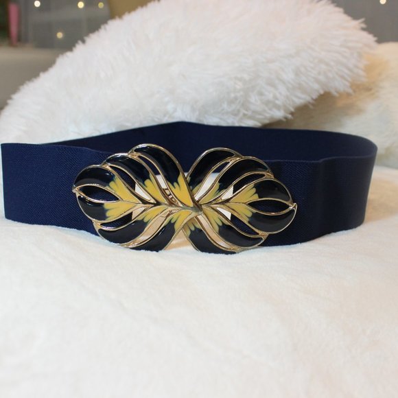 Vintage 1980\'s Navy Blue Feather Flames Retro Buckle Belt 25-29\